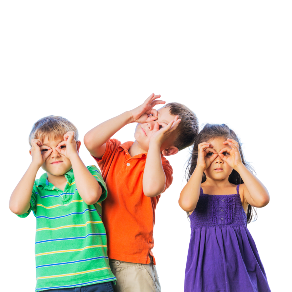 Three young kids making the "o" sign around their eyes like they are glasses